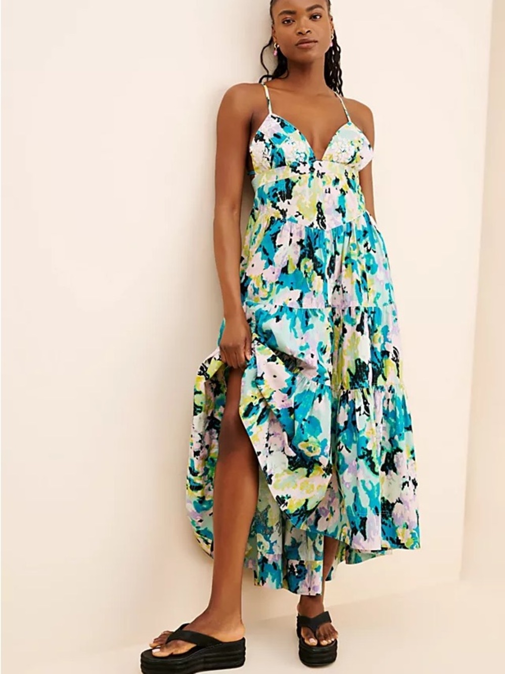 Free People Long Love Floral Blue Green Cotton Tiered flowy Midi Dress XL w flaw